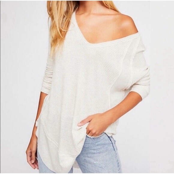 Free People Catalina Shirt Women S Cream Raw Hem Waffle Knit High Low Boho Fall - Picture 1 of 11